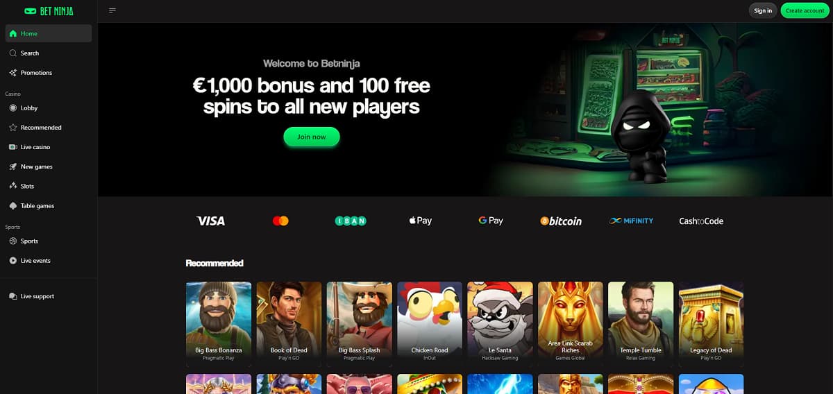 Für Spieler aus Deutschland, die bei ihren Einsätzen großen Wert auf Privatsphäre und Flexibilität legen, ist Betninja eine erstklassige Adresse. Dieses krypto-freundliche Casino ohne deutsche Lizenz überzeugt mit einer unkomplizierten No-KYC-Ausrichtung und einem dreistufigen Willkommenspaket, das dir nacheinander 100% bis zu 100 € + 100 FS, 50% bis zu 200 € und nochmals 25% bis zu 700 € einbringt.