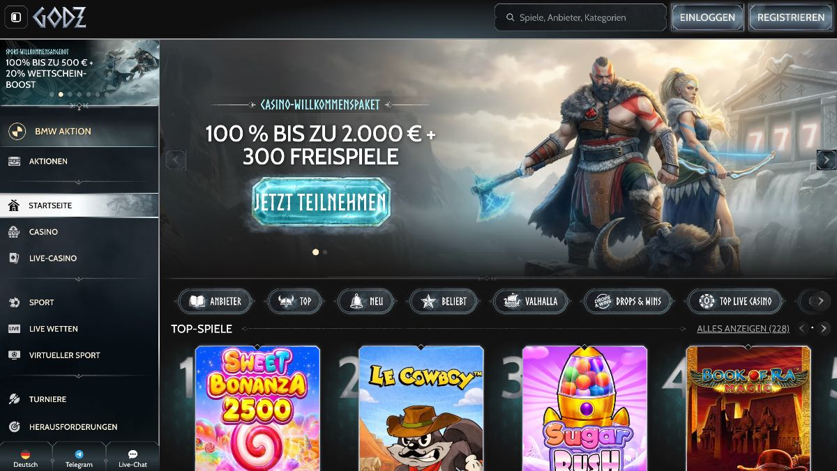 Godz etabliert sich als hervorragendes Casino ohne deutsche Lizenz für alle Spieler, die mehr Auswahl abseits der strengen heimischen Limits suchen. Mit einer riesigen Bibliothek von über 5.000 Spielen kommt hier garantiert keine Langeweile auf. Der Einstieg wird neuen Nutzern zudem mit einem attraktiven Bonus von 100% bis zu 750 € sowie 75 Freispielen versüßt.
