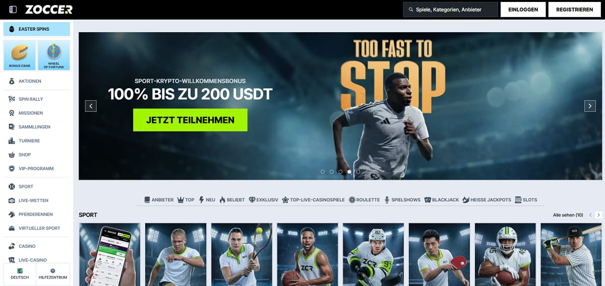 Zoccer liefert die perfekte All-in-One-Lösung für Gamer und Sportfans gleichermaßen. Das vielseitige Casino ohne deutsche Lizenz vereint packende Casino-Action und ein umfangreiches Sportwetten-Angebot in einem einzigen, gemeinsamen Spielerkonto – komplett befreit von den Restriktionen der deutschen Regulierung. Für den optimalen Start sorgt ein Bonus von 100% bis zu 500 € plus 200 Freispiele.